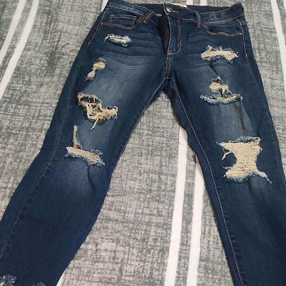 Apollo Women Jeans Blue Ankle Cropped Distressed Denim